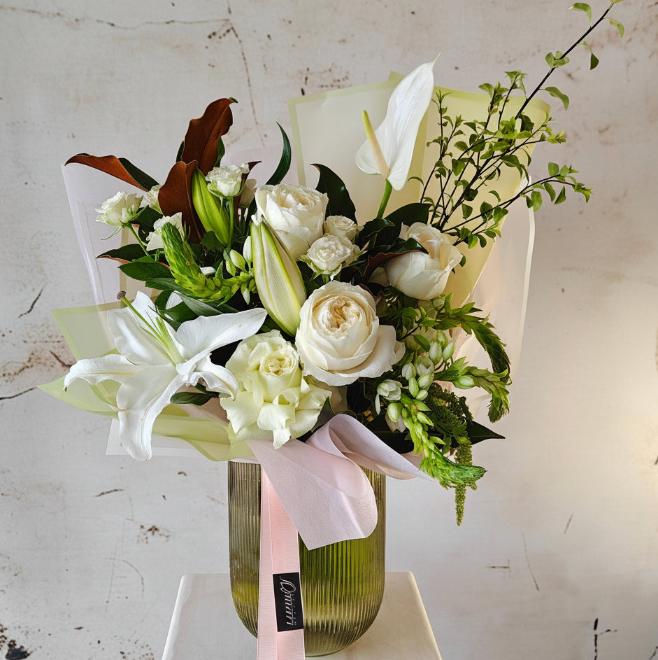 "Precious Memories" White Flowers Bouquet in Vase