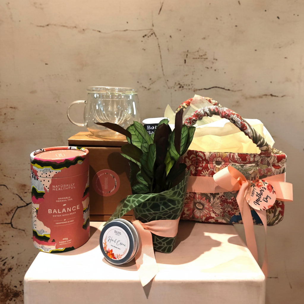 "Balance" Hamper in floral fabric storage basket with a plant