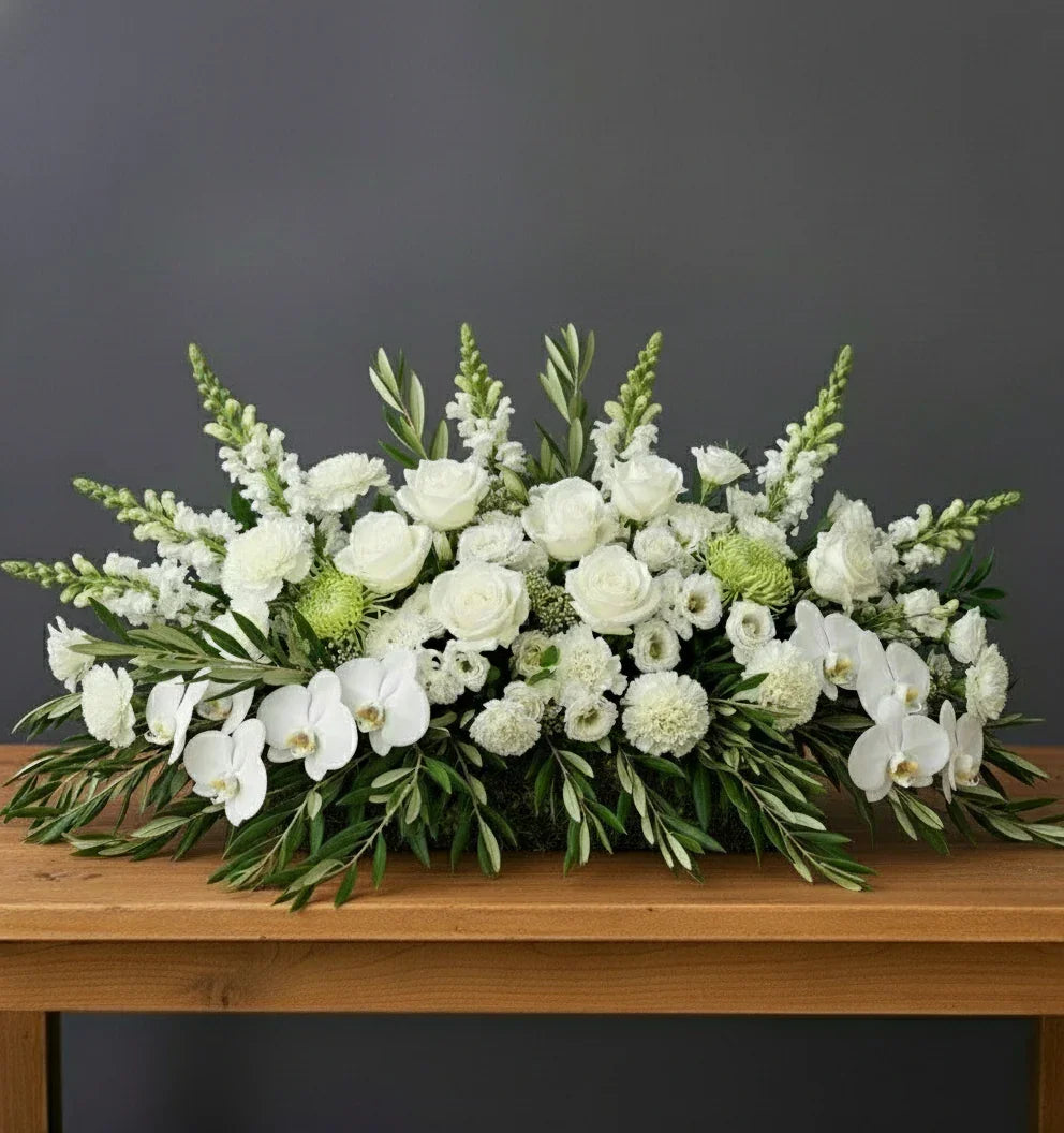 White Funeral Casket Spray - 80 cm                           Advance orders only