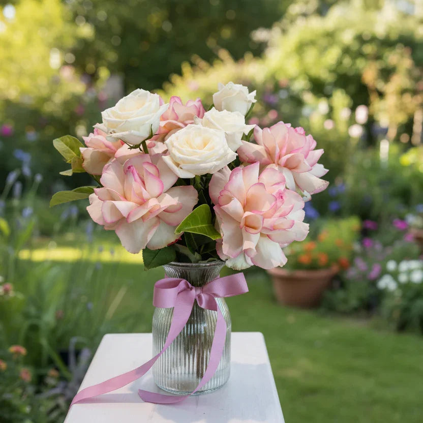 "Pure Admiration" 9 Fresh rose blooms in vase