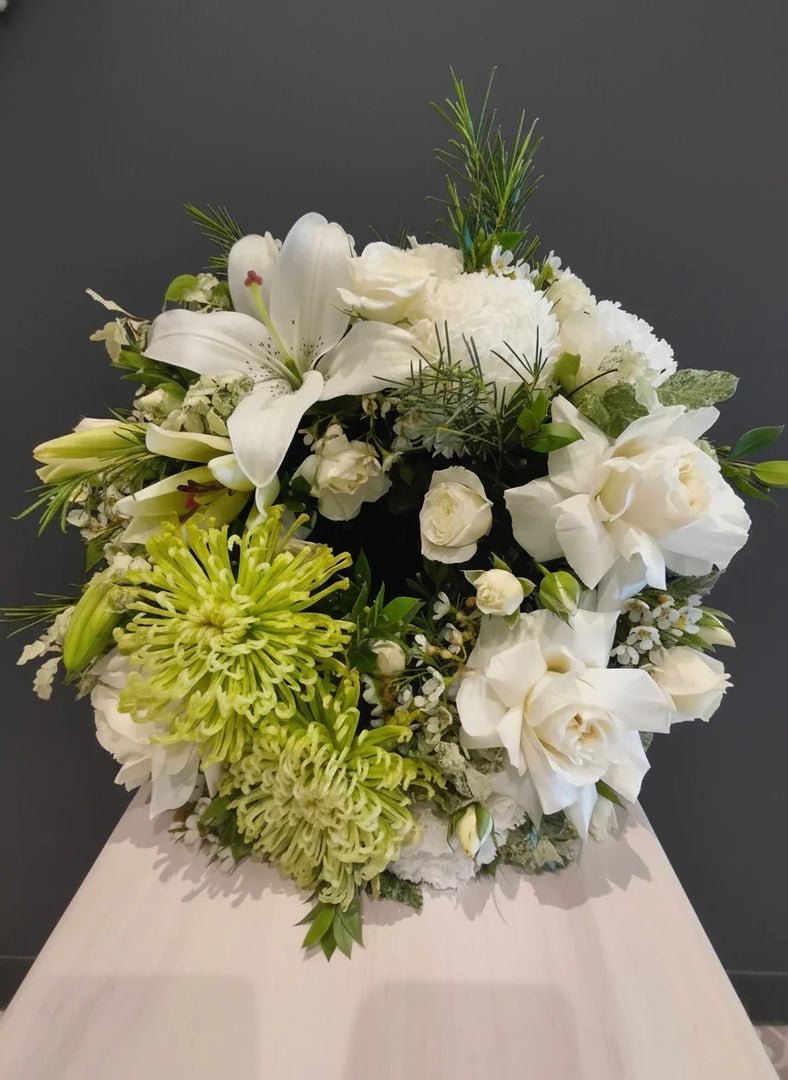 White and Green Flowers Tribute Wreath 30cm.