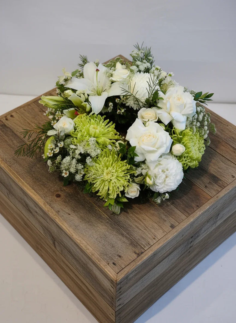 White and Green Flowers Tribute Wreath 30cm.