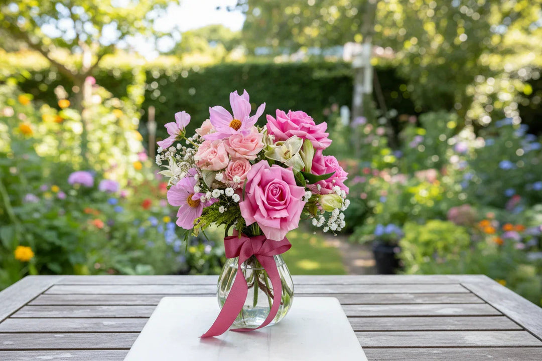 "Bonbon" pink and white flower posy in vase