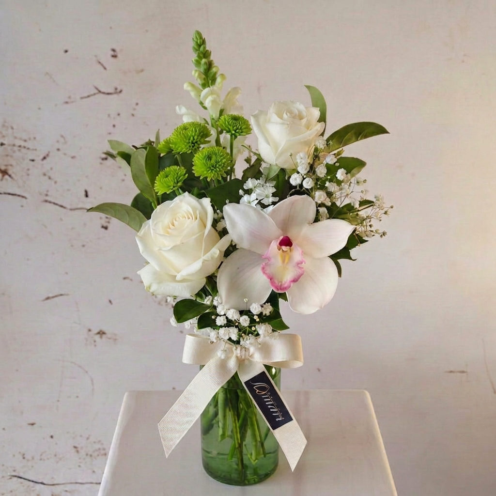 White-and-green posy with snapdragon left of centre